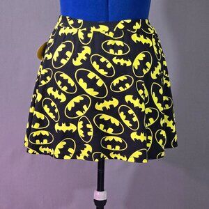 Batman Logo Print Skater Skirt Black Yellow Elastic Waist Womens Large NWT